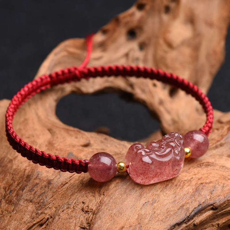 Fortune Jewel Natural Strawberry Quartz PiXiu Lucky Red String Bracelet