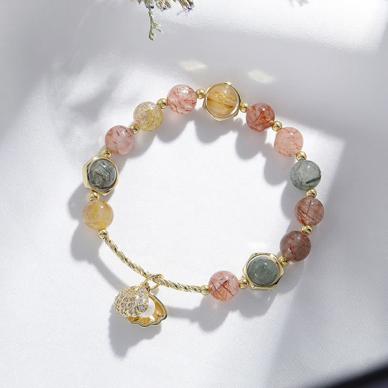 Fortune Jewel Natural Colorful Rutilated Quartz Shell Protection Bead Bracelet
