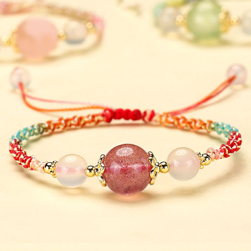 Fortune Jewel Strawberry Quartz Pink Crystal Prehnite White Agate Bead Healing Rope Bracelet