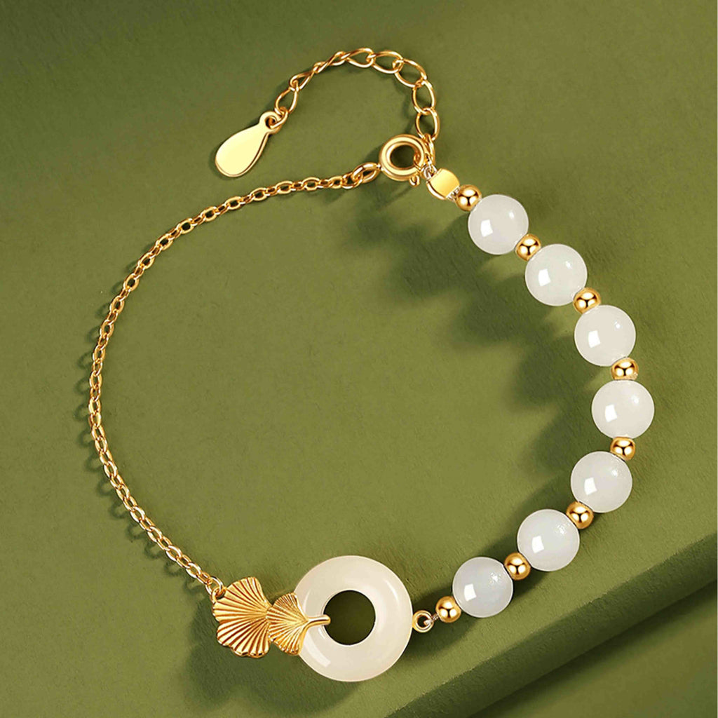 Fortune Jewel 925 Sterling Silver Hetian White Jade Peace Buckle Ginkgo Leaf Luck Bracelet