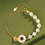 Fortune Jewel 925 Sterling Silver Hetian White Jade Peace Buckle Ginkgo Leaf Luck Bracelet