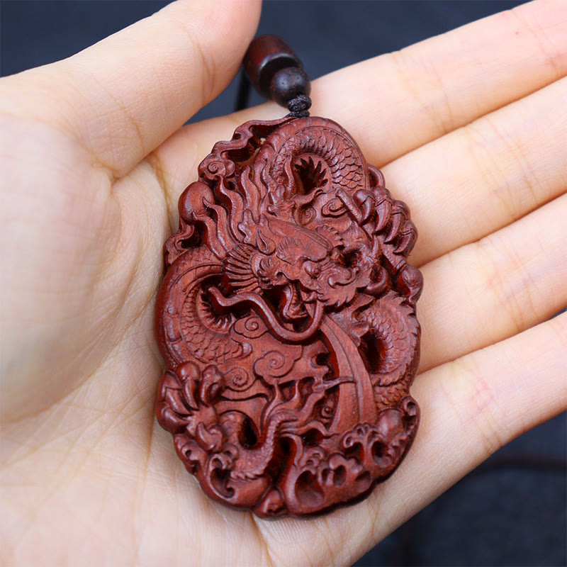 Fortune Jewel Lightning Struck Jujube Wood Double Dragon Relief Ward Off Evil Spirits Necklace Pendant