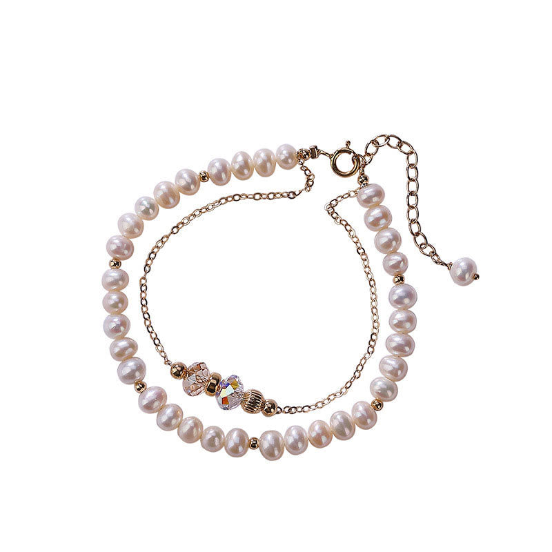 Fortune Jewel 925 Sterling Silver Plated 14k Gold Natural Pearl Crystal Healing Double Layer Bracelet