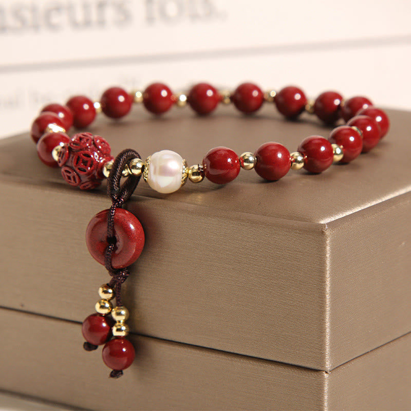 Fortune Jewel Natural Cinnabar Peace Buckle Copper Coin Charm Blessing Bracelet