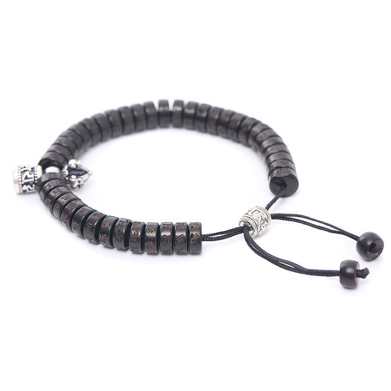 Fortune Jewel Tibet Coconut Shell Carved Om Mani Padme Hum Dorje Vajra Bell Happiness String Bracelet