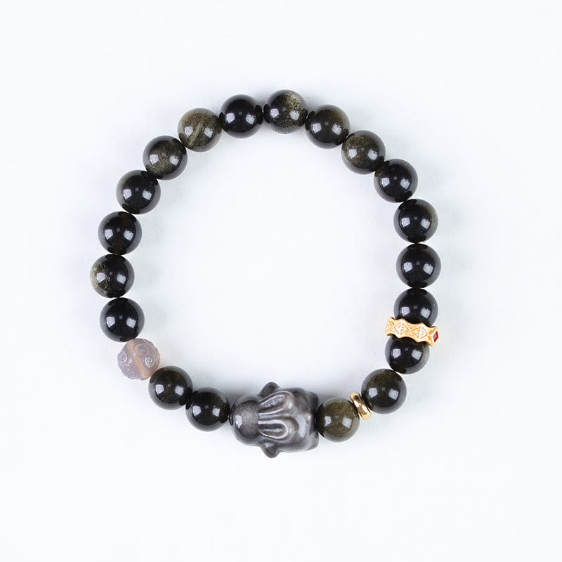 Fortune Jewel Gold Sheen Obsidian Black Obsidian Silver Sheen Obsidian Cute Rabbit Protection Bracelet
