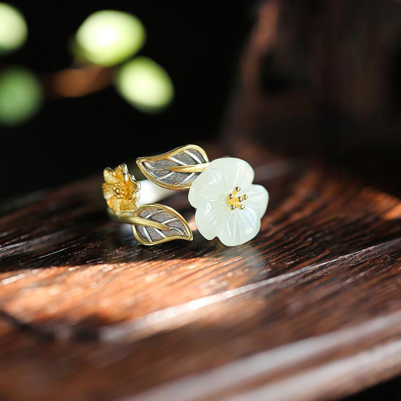 Fortune Jewel 925 Silver Plated Copper White Jade Plum Flower Leaf Luck Ring