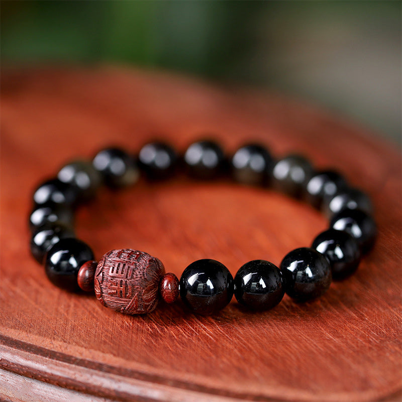 Fortune Jewel Natural Gold Sheen Obsidian Rainbow Obsidian Om Mani Padme Hum Fu Character Healing Bracelet