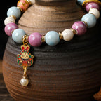 Fortune Jewel Tibetan Zakiram Goddess of Wealth Rabbit Lion Head Charm Liuli Glass Incense Ash Porcelain Bead Protection Bracelet