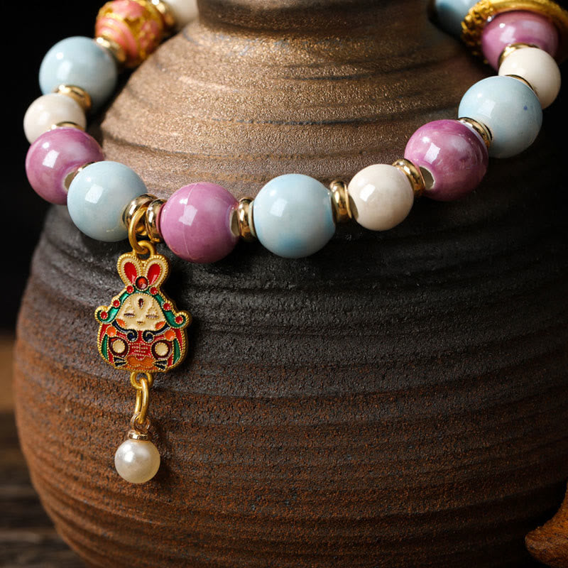 Fortune Jewel Tibetan Zakiram Goddess of Wealth Rabbit Lion Head Charm Liuli Glass Incense Ash Porcelain Bead Protection Bracelet