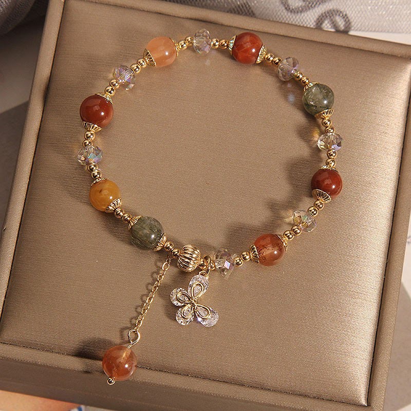 Fortune Jewel Natural Fu Lu Shou Rainbow Crystal Rutilated Quartz Wealth Butterfly Charm Bracelet