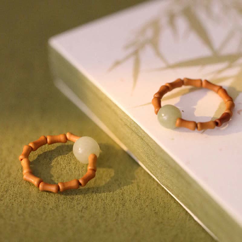 Fortune Jewel Hetian Jade Beaded Bamboo Prosperity Luck Ring