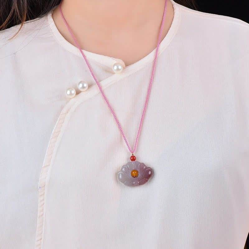 Fortune JewelPink Golden Silk Jade Lotus Flower Wealth Necklace Pendant Fortune Jewel