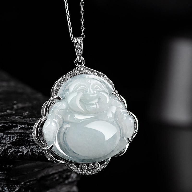Fortune Jewel Laughing Buddha Natural Jade Abundance Titanium Steel Chain Necklace Pendant Fortune Jewel
