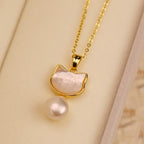 Fortune Jewel Natural Pearl Copper Cat Healing Necklace Pendant Earrings