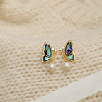 Fortune Jewel 18K Gold Plated Copper Pearl Butterfly Love Stud Earrings