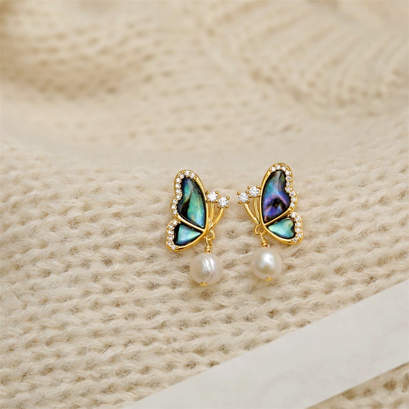 Fortune Jewel 18K Gold Plated Copper Pearl Butterfly Love Stud Earrings