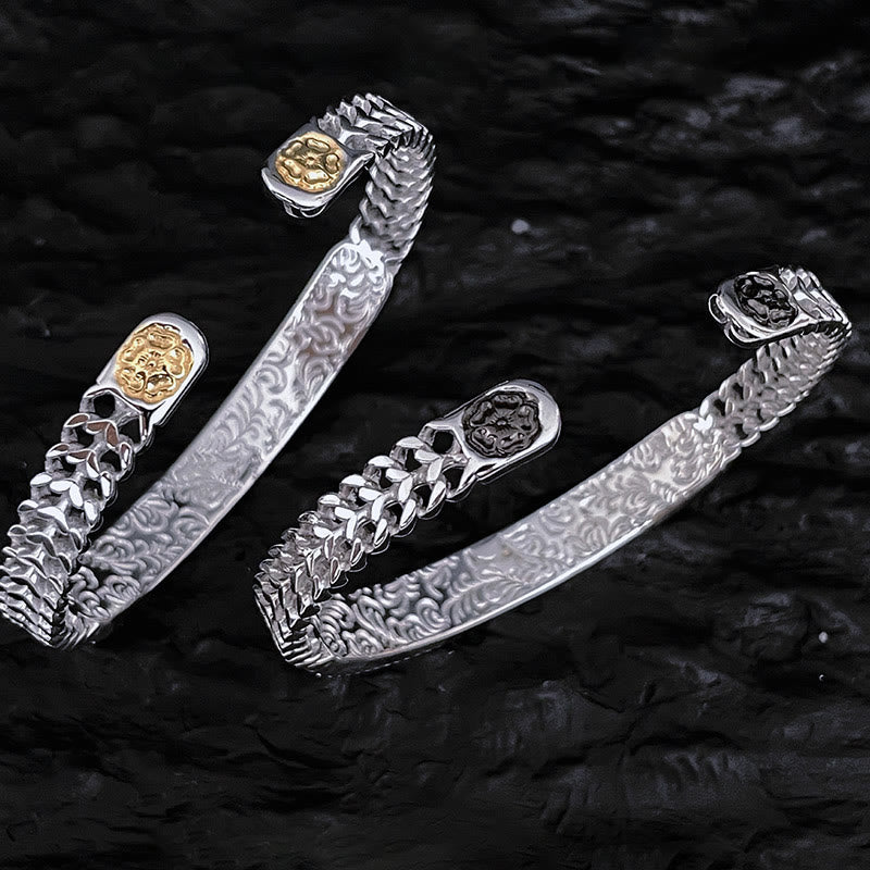 Fortune Jewel Tang Dynasty Flower Design Engraved Copper Luck Cuff Bracelet Bangle Adjustable Ring