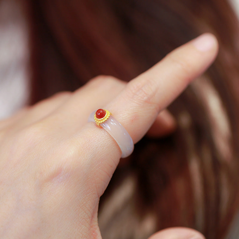 Fortune Jewel White Agate Cyan Jade Turquoise Red Agate Luck Protection Ring
