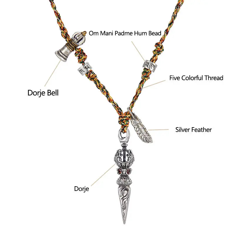 Fortune Jewel Tibetan Handmade 925 Sterling Silver Dorje Vajra Om Mani Padme Hum Feather Strength Necklace Pendant Fortune Jewel