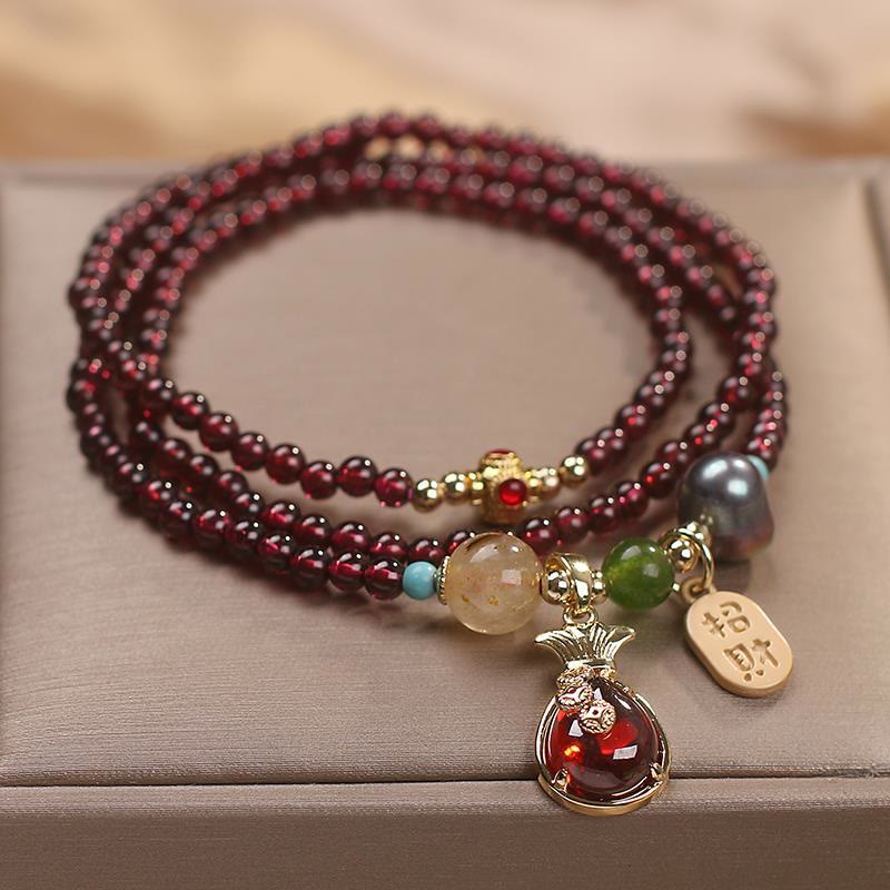 Fortune Jewel Multi Layered Natural Garnet Jade Coin Money Bag Attracting Wealth Protection Bracelet