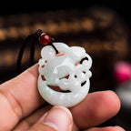 Fortune Jewel Year of the Rabbit White Jade Crescent Moon Protection Necklace Pendant