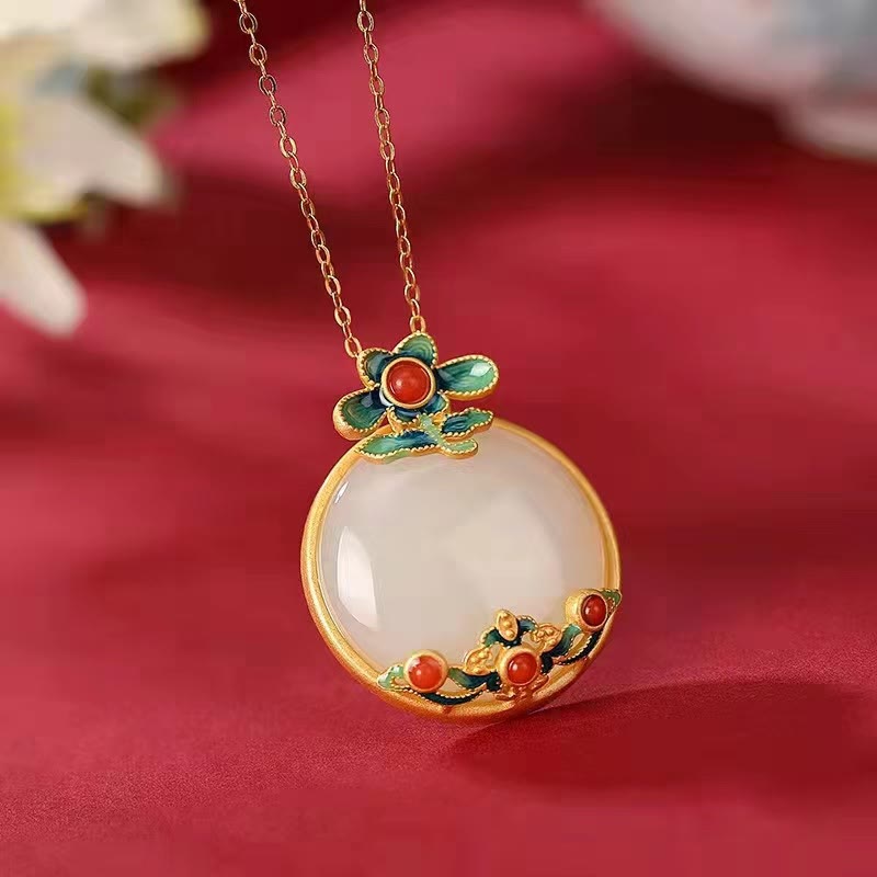 Fortune Jewel White Jade Red Agate Flower Blessing Luck Necklace Pendant