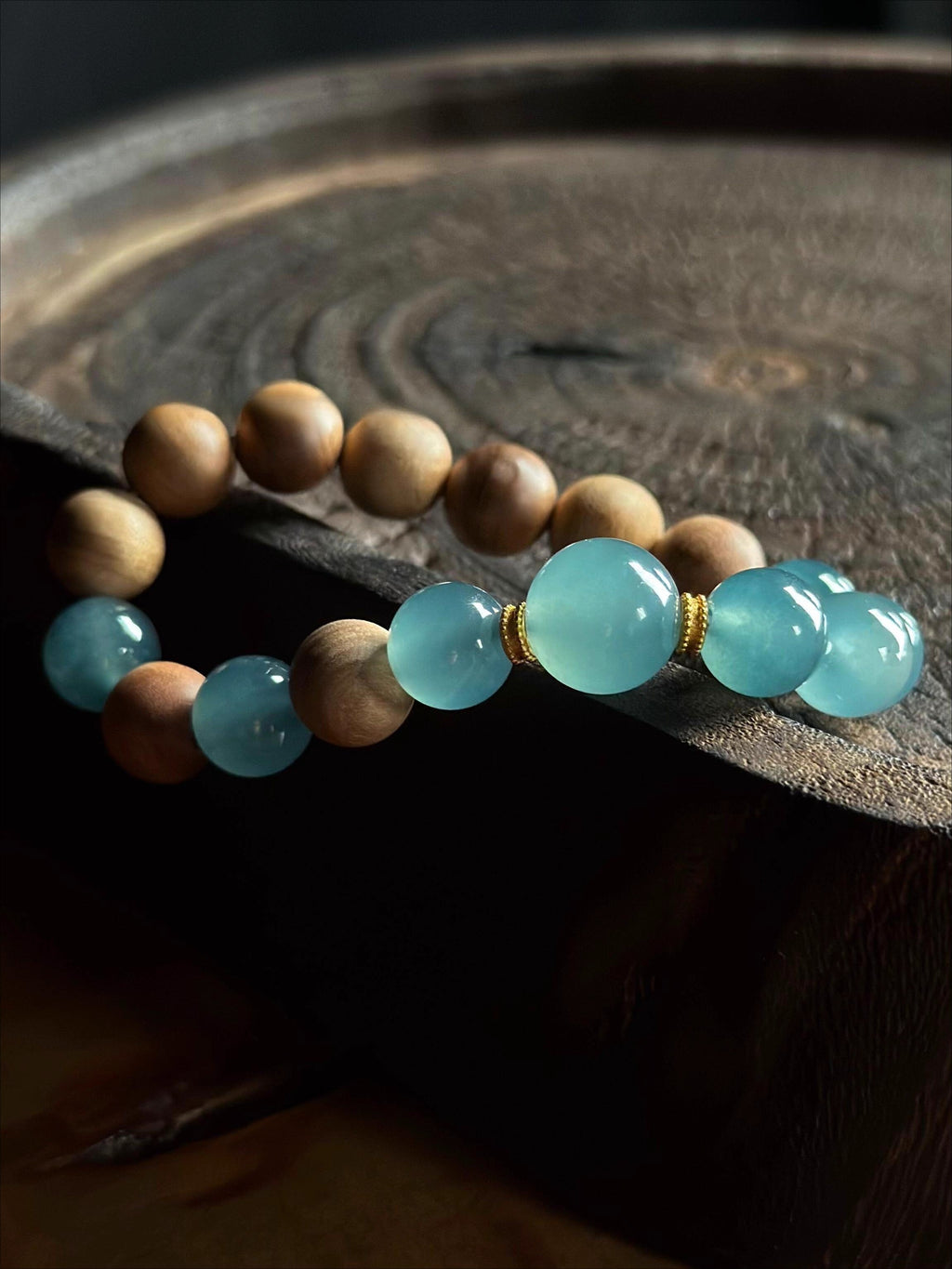 Natural Blue Water Jadeite Bracelet with 10mm Beads & Indian Old Sandalwood – Single Wrap, Unisex