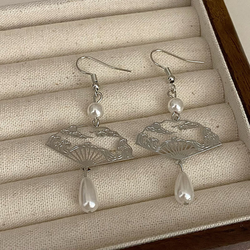 Fortune Jewel Copper Fan Auspicious Clouds Pearl Healing Drop Earrings