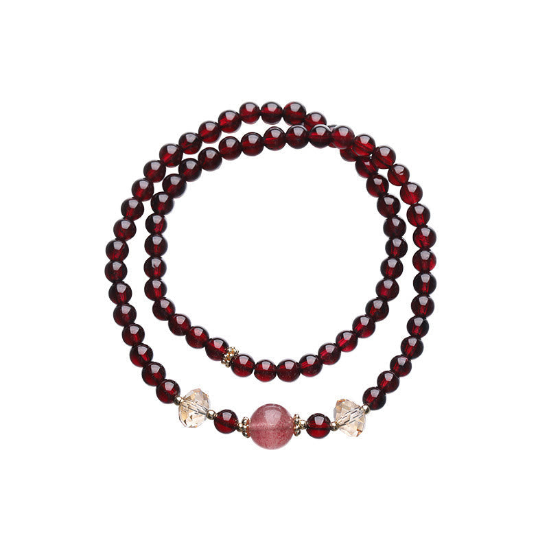 Fortune Jewel 14K Gold Plated Natural Garnet Strawberry Quartz Stability Double Wrap Bracelet
