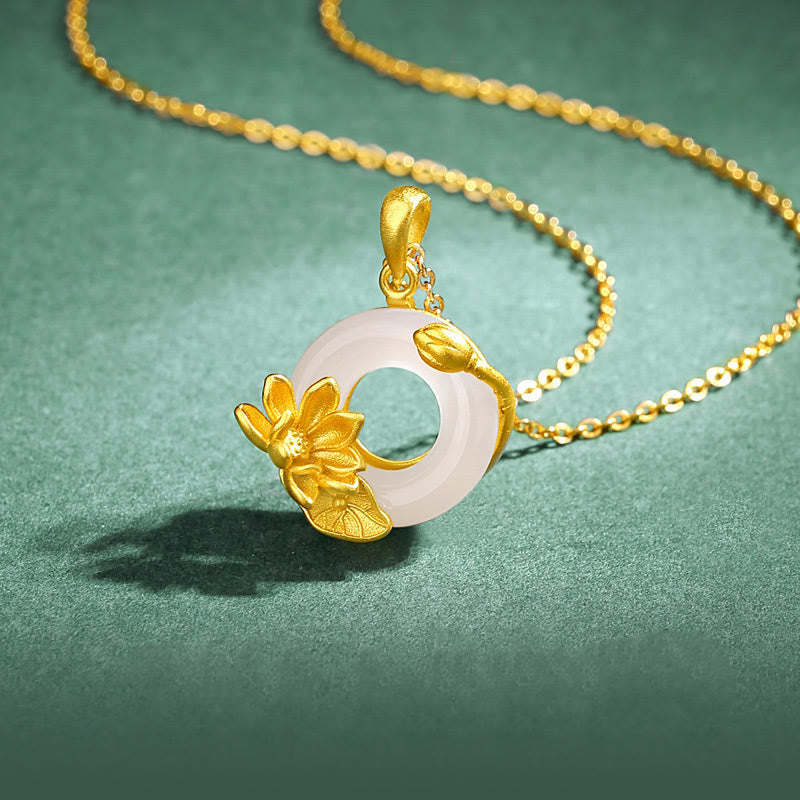 Fortune Jewel Natural White Chalcedony Peace Buckle Lotus Pendant S925 Sterling Silver Necklace