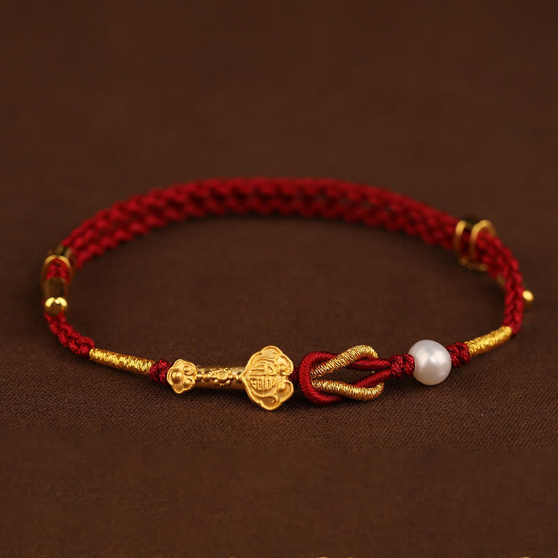 Fortune Jewel 24K Gold Wish Ruyi Handle Fu Character Rabbit Pearl Luck Braided Bracelet