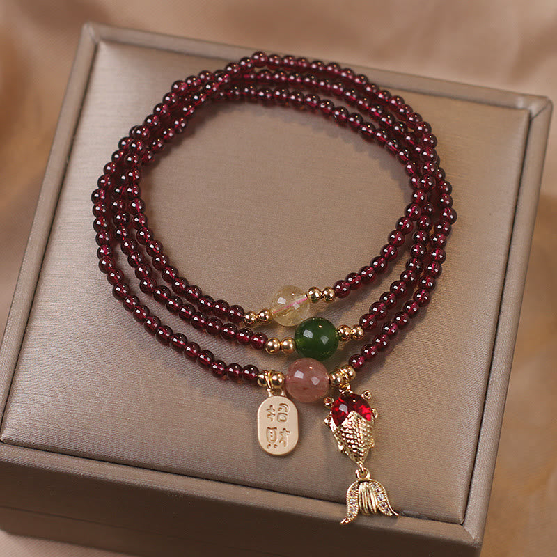 Fortune Jewel Natural Garnet Strawberry Quartz Crystal Fox Koi Fish Peace Buckle Fortune Protection Triple Wrap Bracelet