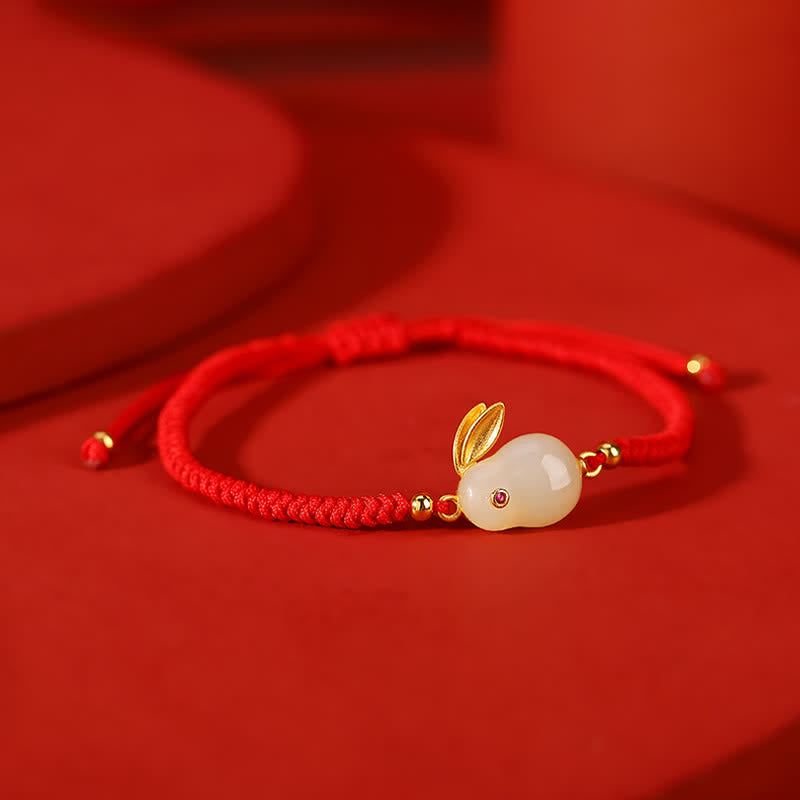 Fortune Jewel 925 Sterling Silver Year of the Rabbit Hetian White Jade Luck Red String Protection Bracelet