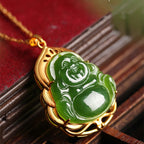 Fortune Jewel 925 Sterling Silver Natural Hetian Cyan Jade Laughing Buddha 18K Gold Healing Necklace Chain Pendant Fortune Jewel