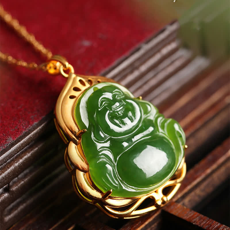 Fortune Jewel 925 Sterling Silver Natural Hetian Cyan Jade Laughing Buddha 18K Gold Healing Necklace Chain Pendant Fortune Jewel