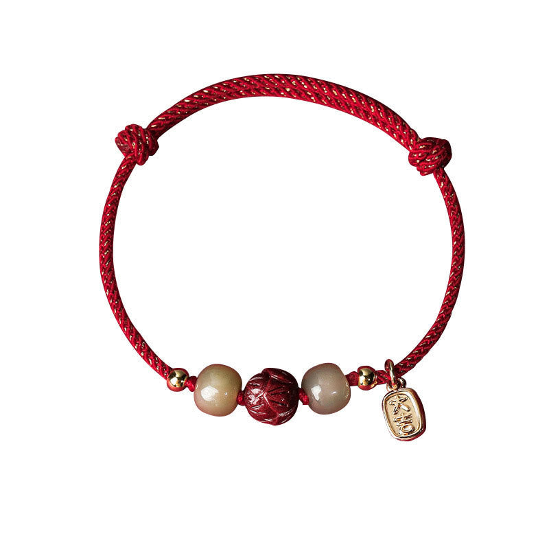 Fortune Jewel 14K Gold Plated Hetian Jade Cinnabar Lotus Luck Handcrafted Rope Bracelet