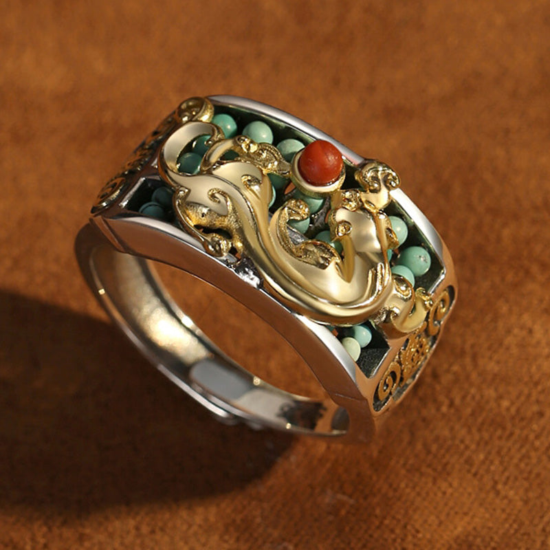 Fortune Jewel 925 Sterling Silver Turquoise Red Agate PiXiu Abacus Protection Ring