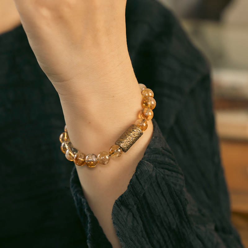 Fortune Jewel Natural Citrine Crystal Brass Bead Protection Bracelet
