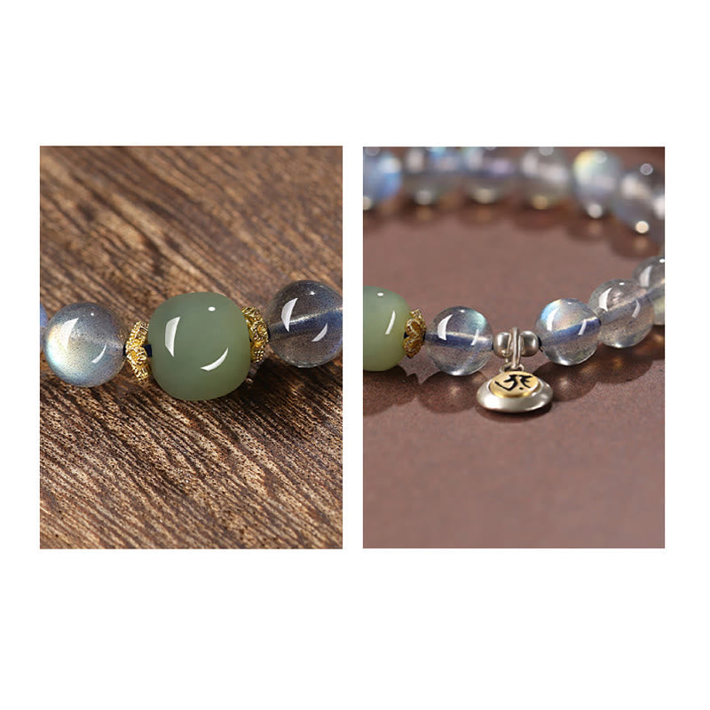 Fortune Jewel Chinese Zodiac Natal Buddha 925 Sterling Silver Natural Moonstone Hetian Jade Positive Bracelet