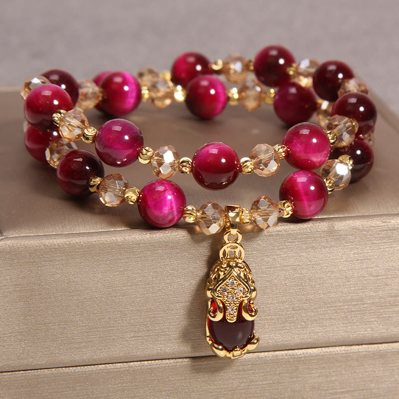 Fortune Jewel Tiger Eye Pixiu Fox Money Bag Protection Self Confidence Double Wrap Bracelet