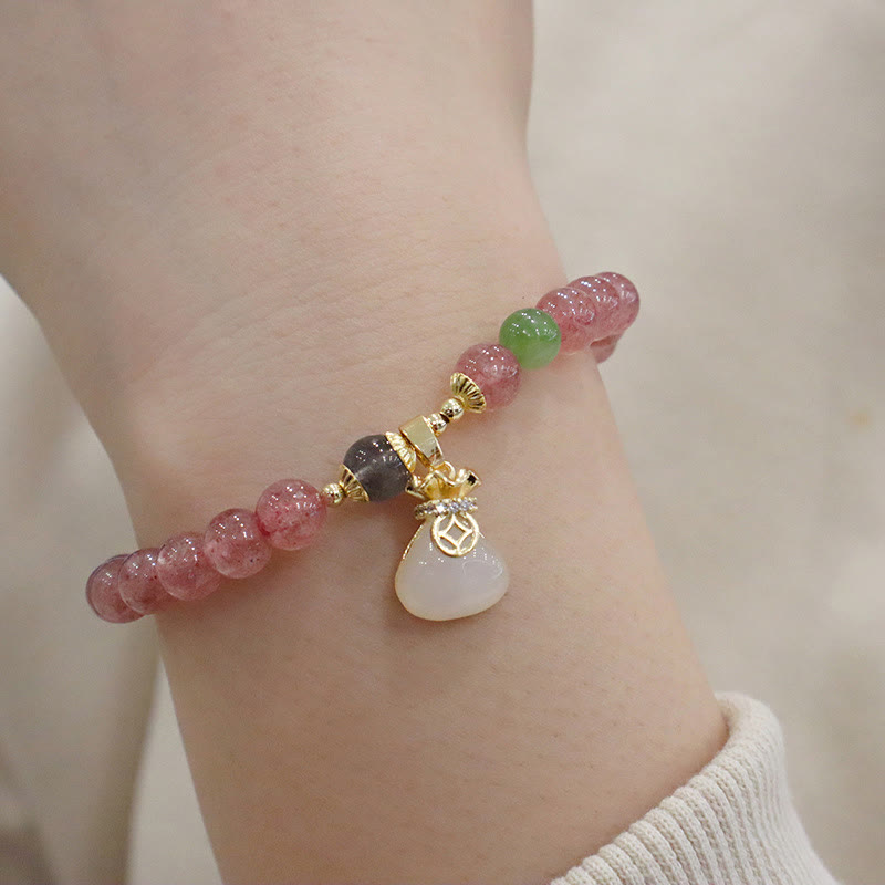 Fortune Jewel Natural Strawberry Quartz Jade Peace Buckle Coin Purse Healing Bracelet