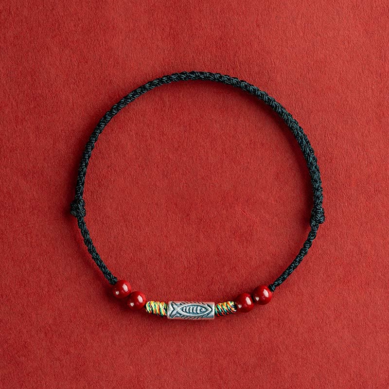 Fortune Jewel 925 Sterling Silver Koi Fish Cinnabar Bead Wealth Handcrafted Braided Bracelet Anklet
