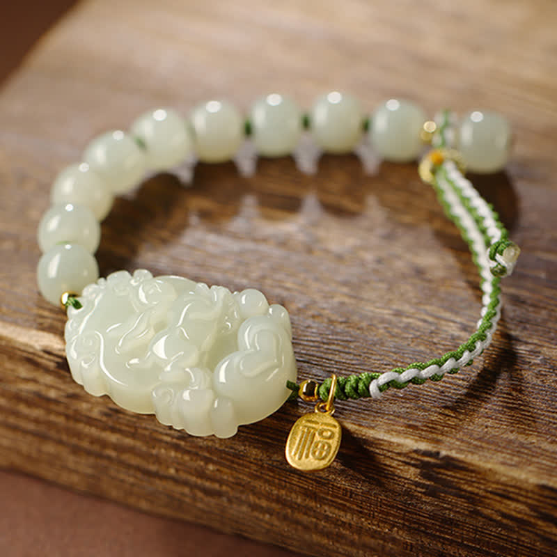 Fortune Jewel 925 Sterling Silver Chinese Zodiac Hetian Jade Happiness Luck String Bracelet