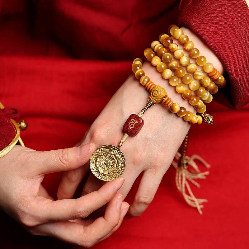 Fortune Jewel 108 Mala Beads Natural Tiger Eye Copper Dorje Protection Tassel Bracelet