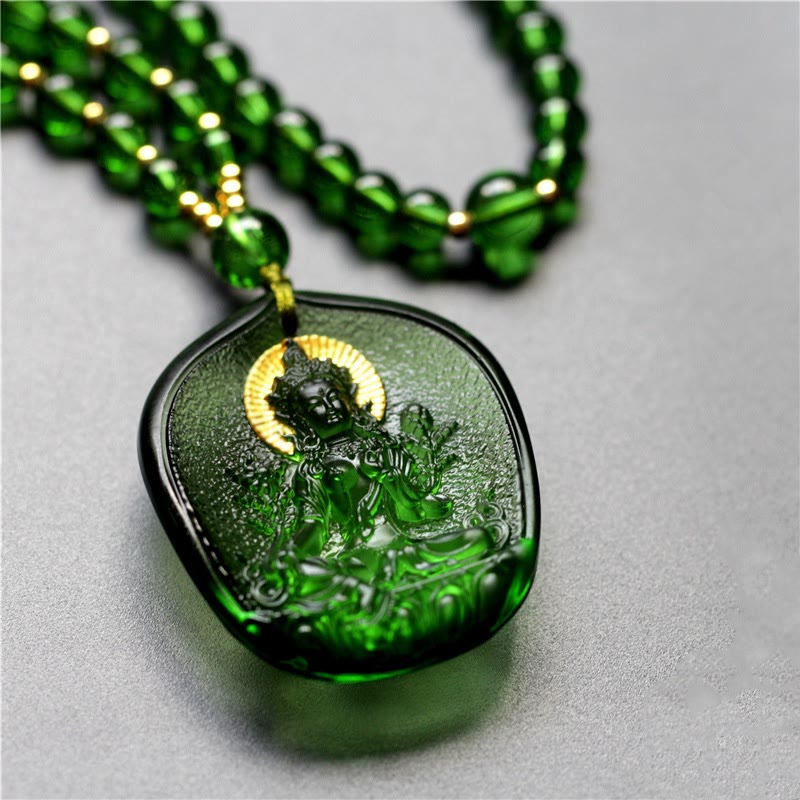 Fortune Jewel Tibetan Green Tara Buddha Gold Plated Liuli Crystal Protection Necklace Pendant Fortune Jewel
