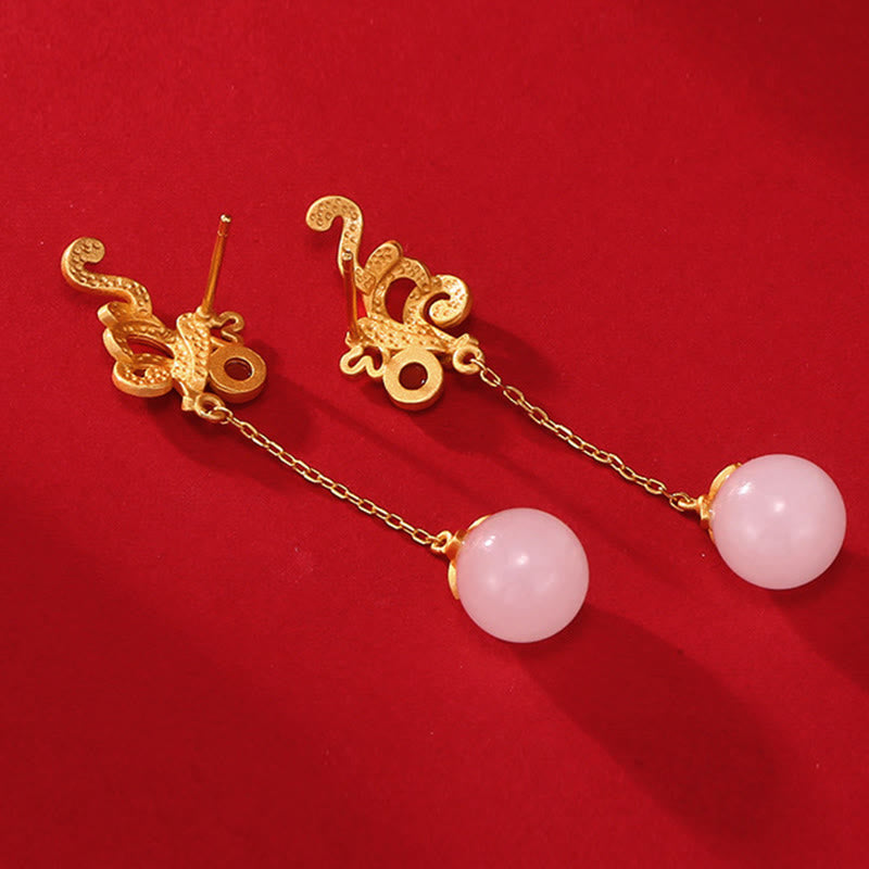 Fortune Jewel Vintage White Jade Red Agate Bead Blessing Drop Dangle Earrings