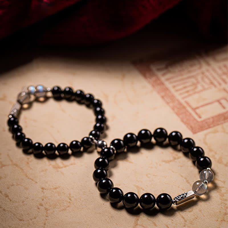 Fortune Jewel 925 Sterling Silver Obsidian Moonstone Strength Couple Bracelet