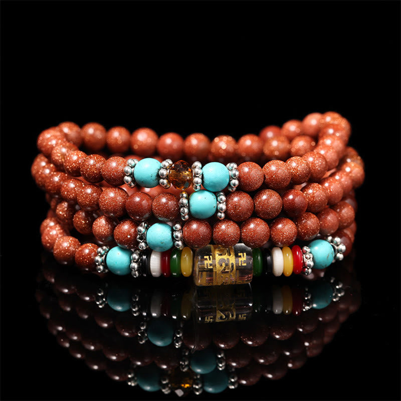 Fortune Jewel 108 Mala Beads Goldstone Om Mani Padme Hum Swastika Confidence Bracelet