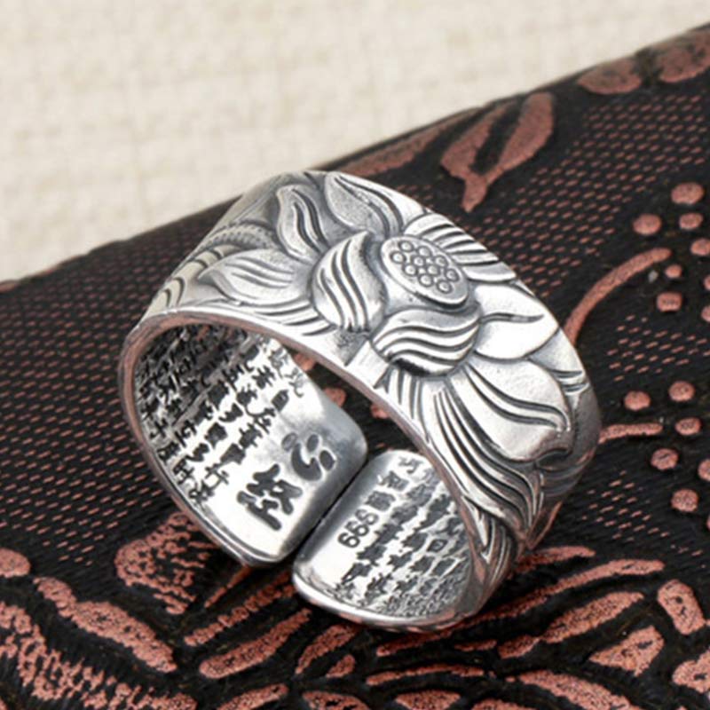 Fortune Jewel 999 Sterling Silver Lotus Symbol Heart Sutra Protection Ring Fortune Jewel